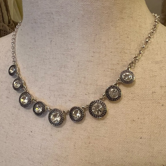 Napier Jewelry - Vintage Napier Silver Necklace with Intricate Circular Design and Rhinestones